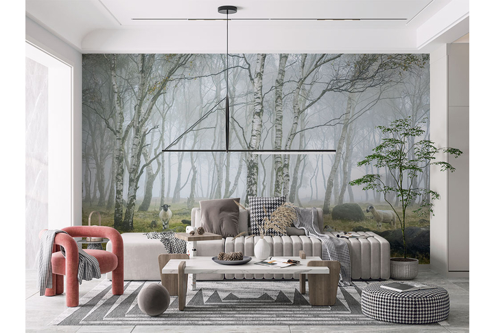 Фотообои «Овечки в туманном березовом лесу» в интерьере