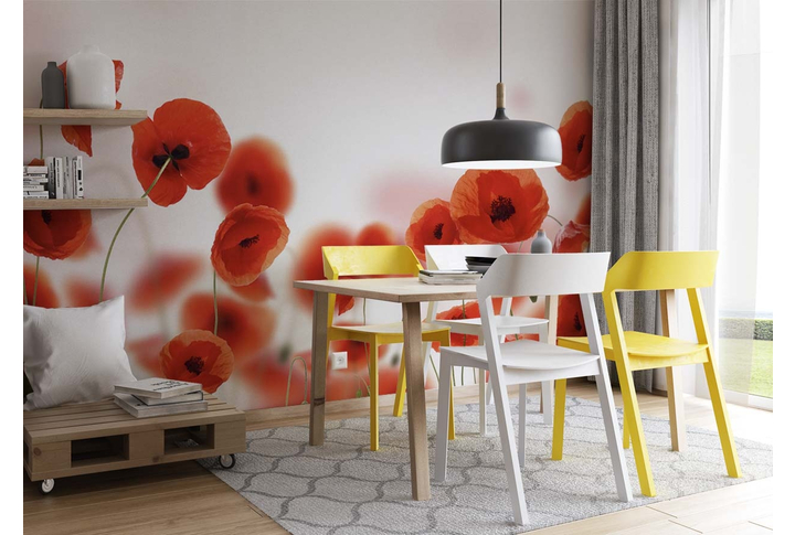 Фотообои «Красные маки на светлом фоне» в интерьере