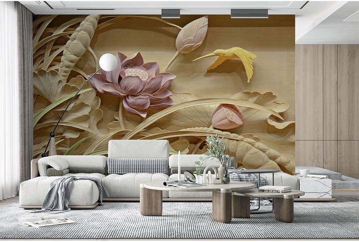 Фотообои «Лотосы под китайскую резьбу по дереву» в интерьере