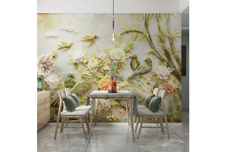 Фотообои «Нефритовые птицы под барельеф» в интерьере