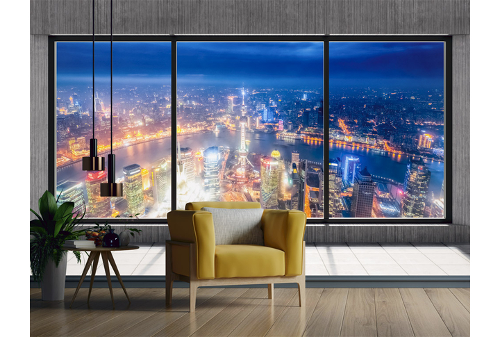 Фотообои «Панорамное окно с видом на ночной Шанхай» в интерьере