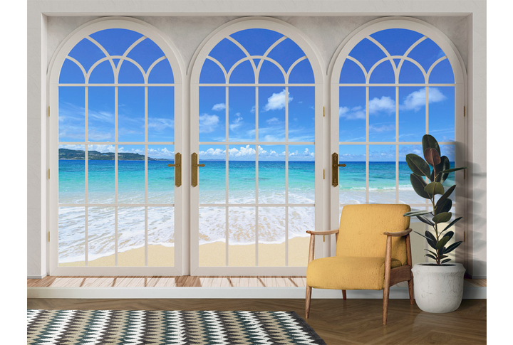 Фотообои «Арочное окно у берега моря» в интерьере