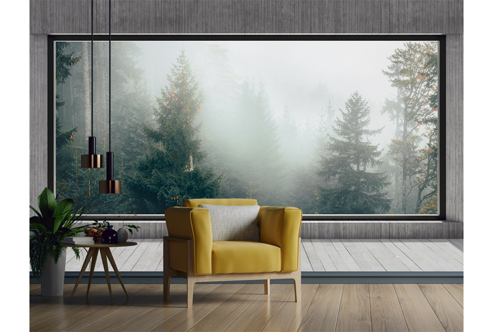 Фотообои «Большое окно на террасе в еловом лесу» в интерьере