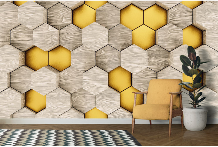 Фотообои «Деревянные блоки с золотом под срез дерева» в интерьере