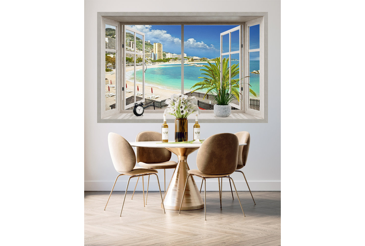 Фотообои «Раскрытое окно у моря» в интерьере