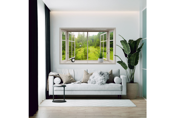 Фотообои «Окно с видом на природу и хвойный лес» в интерьере