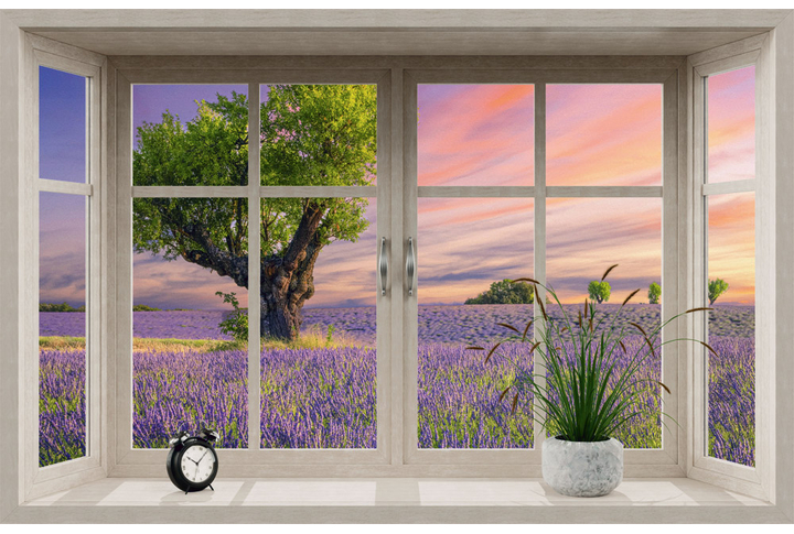 Фотообои «Окно с видом на лавандовое поле на закате»