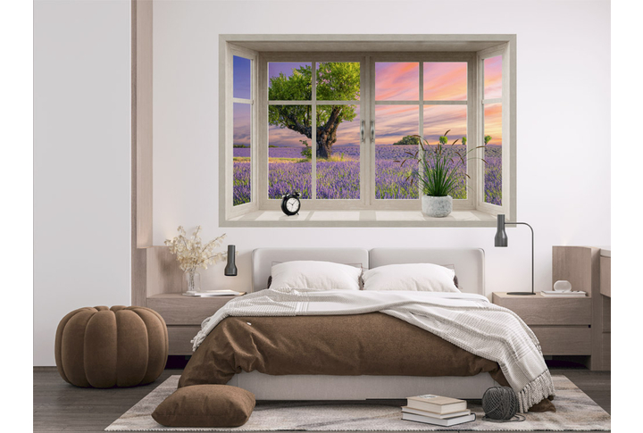 Фотообои «Окно с видом на лавандовое поле на закате» в интерьере