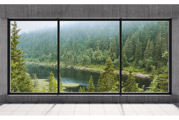 Фотообои «Окно с видом на туманный еловый лес у реки»