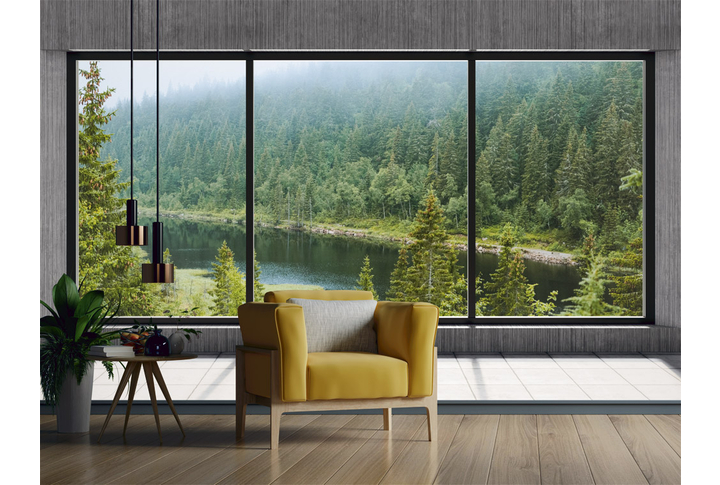 Фотообои «Окно с видом на туманный еловый лес у реки» в интерьере