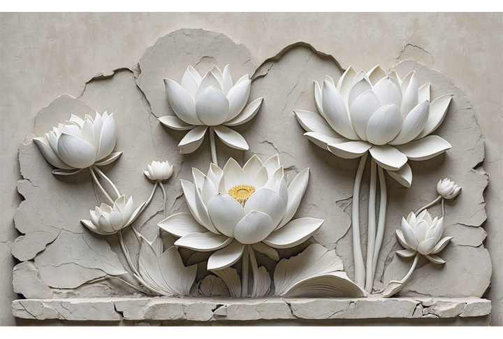 Фотообои «Барельеф белые лотосы на каменной плитке»