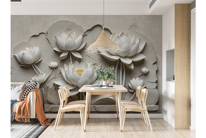 Фотообои «Барельеф белые лотосы на каменной плитке» в интерьере