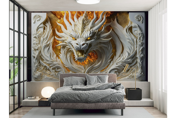 Фотообои «Барельеф дракон в огне» в интерьере
