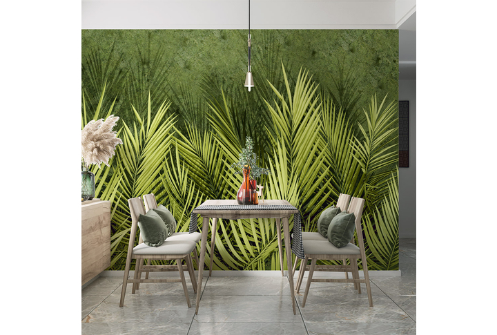 Фотообои «Зеленые пальмовые листья на старом бетоне» в интерьере