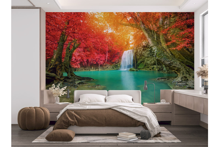 Фотообои «Водопад в осеннем солнечном лесу» в интерьере