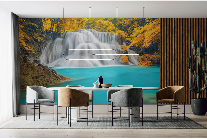 Фотообои «Водопад у бирюзового озера в осеннем лесу» в интерьере