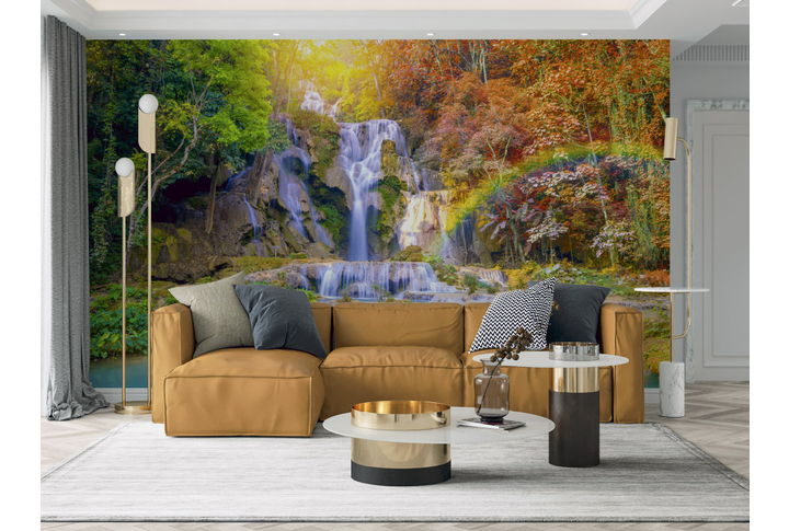 Фотообои «Водопады с радугой в осеннем лесу» в интерьере