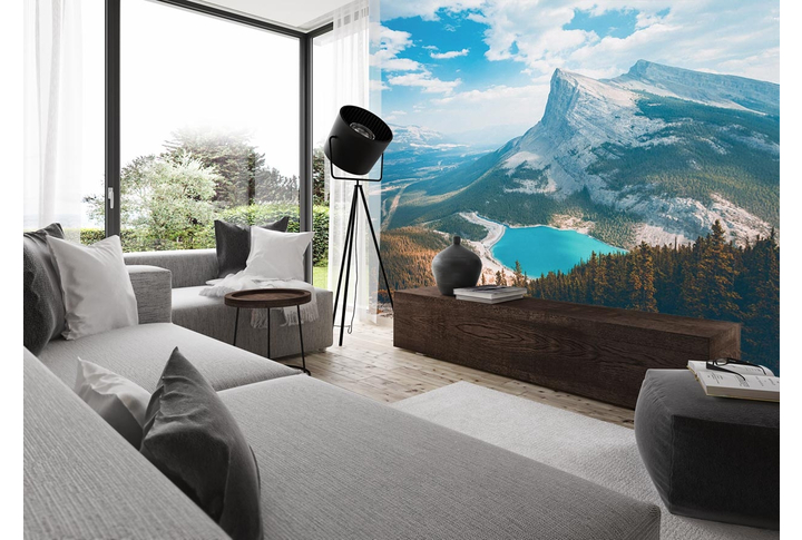 Фотообои «Горный пейзаж с озером и лесом» в интерьере