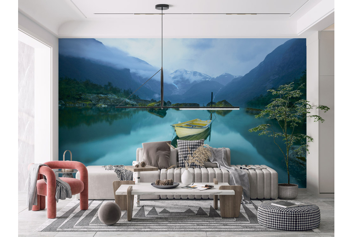 Фотообои «Горы в тумане и лодочка на озере» в интерьере