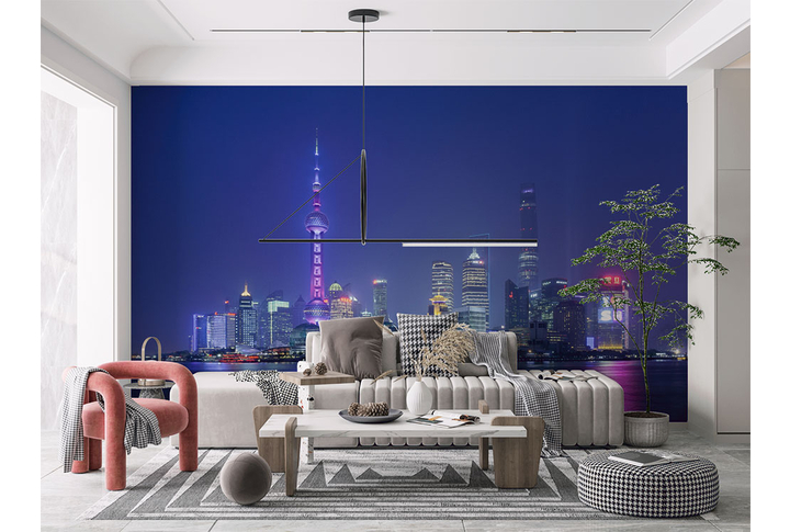 Фотообои «Ночной город Шанхай в неоновых огнях» в интерьере