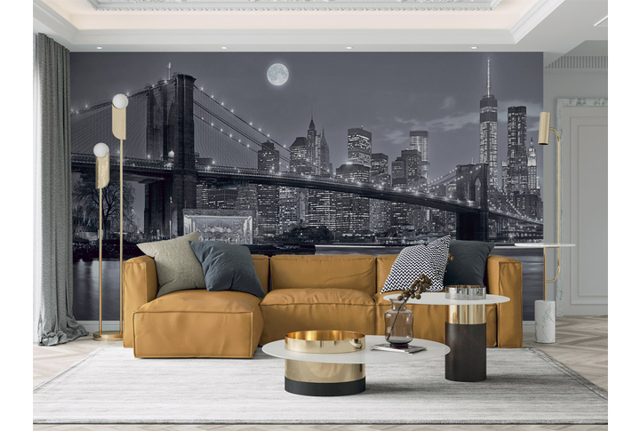 Фотообои «Ночной город Нью-Йорк и черно-белый Бруклинский мост» в интерьере