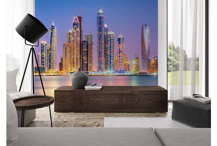 Фотообои «Ночной город Дубай в неоновых огнях» в интерьере