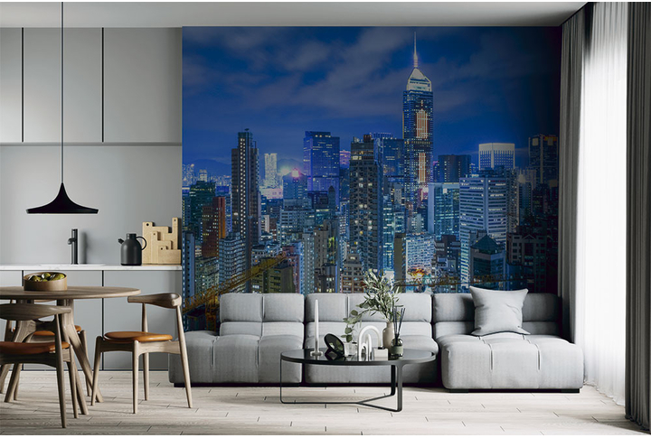 Фотообои «Ночной город Гонконг в холодных тонах» в интерьере