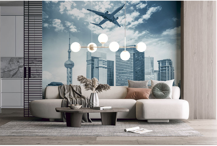 Фотообои «Самолет над городом в Китае в черно-белом» в интерьере