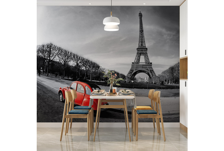 Фотообои «Ретро автомобиль у черно-белой Эйфелевой башни» в интерьере