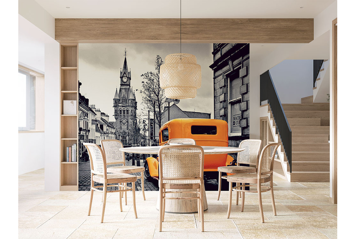 Фотообои «Улица старого города и оранжевое авто» в интерьере