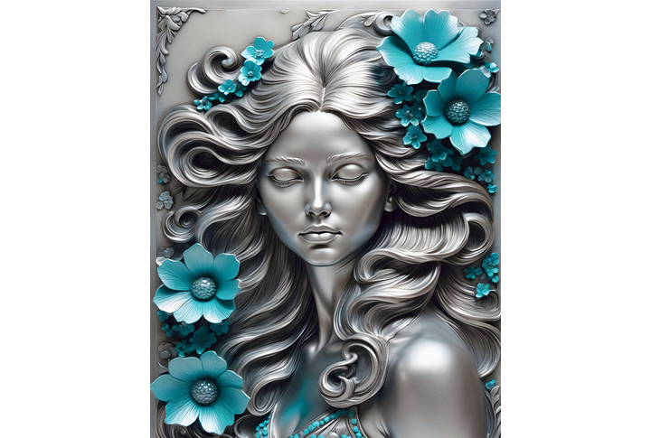 Фотообои «Девушка с бирюзовыми цветами под серебряный барельеф»