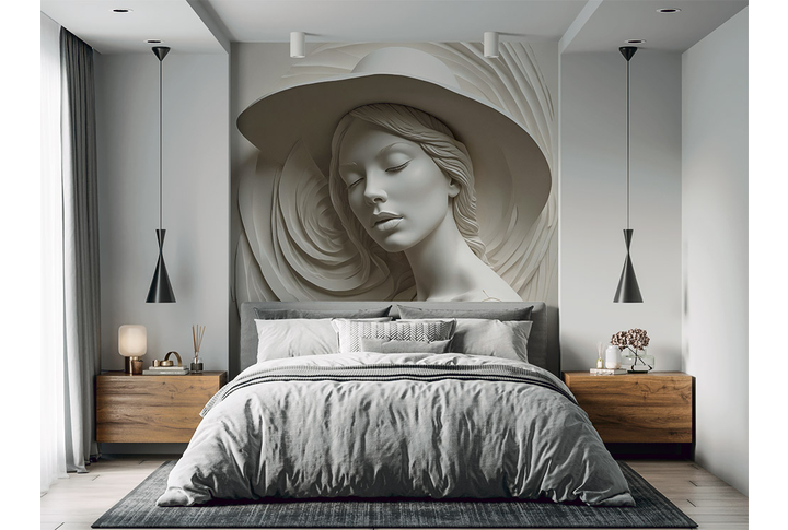 Фотообои «Объемная лепнина с девушкой в шляпе» в интерьере