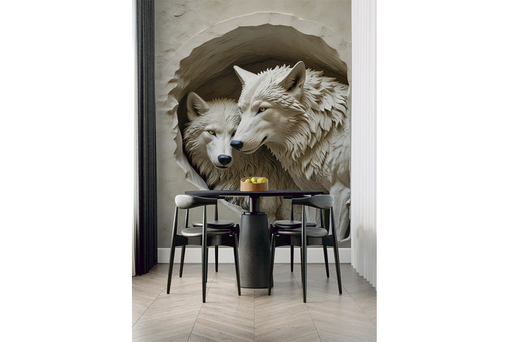 Фотообои «Скульптура с парой волков под барельеф» в интерьере