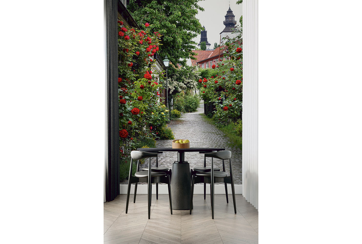 Фотообои «Улочка старого города с розами» в интерьере