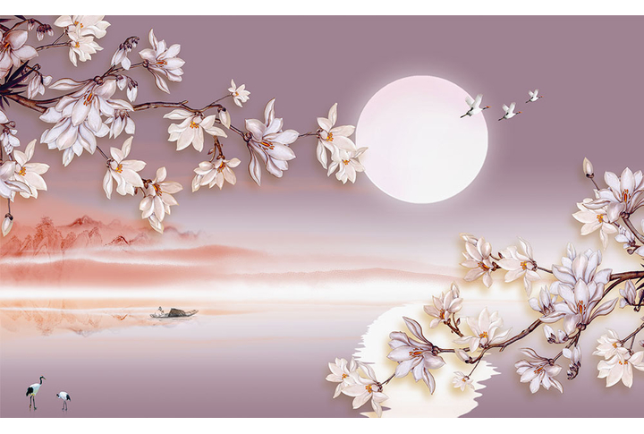 Фотообои «Магнолия на сиреневом фоне китайского пейзажа»