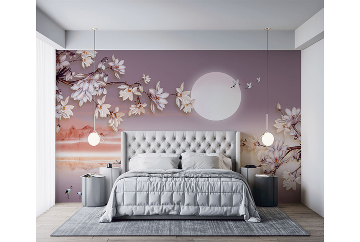Фотообои «Магнолия на сиреневом фоне китайского пейзажа» в интерьере