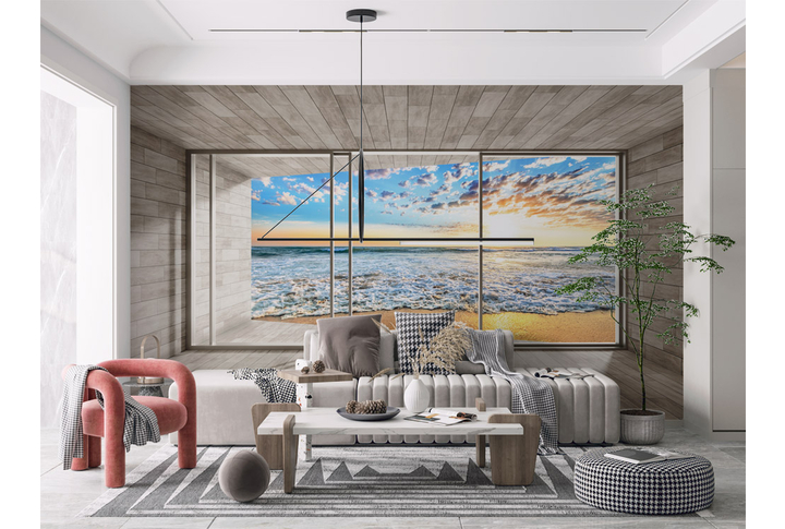 Фотообои «Морская терраса и окно с видом на море» в интерьере