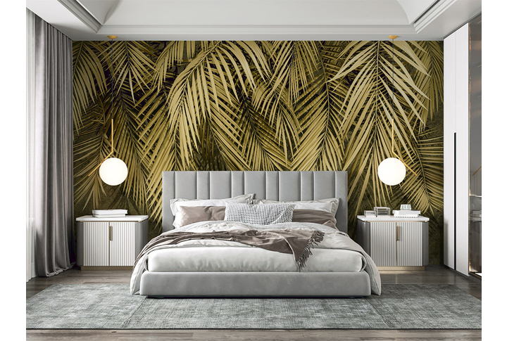Фотообои «Свисающие листья пальмы на бетоне» в интерьере