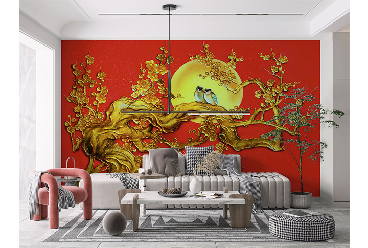 Фотообои «Дерево из золота на красном фоне» в интерьере