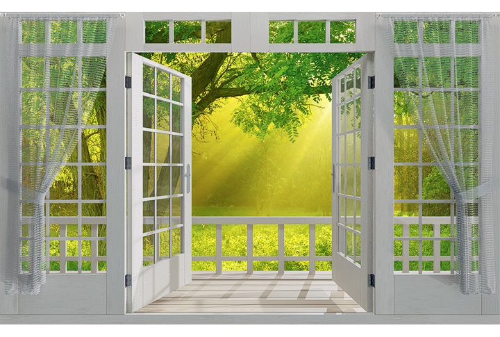 Фотообои «Окно на террасе в солнечном летнем лесу»
