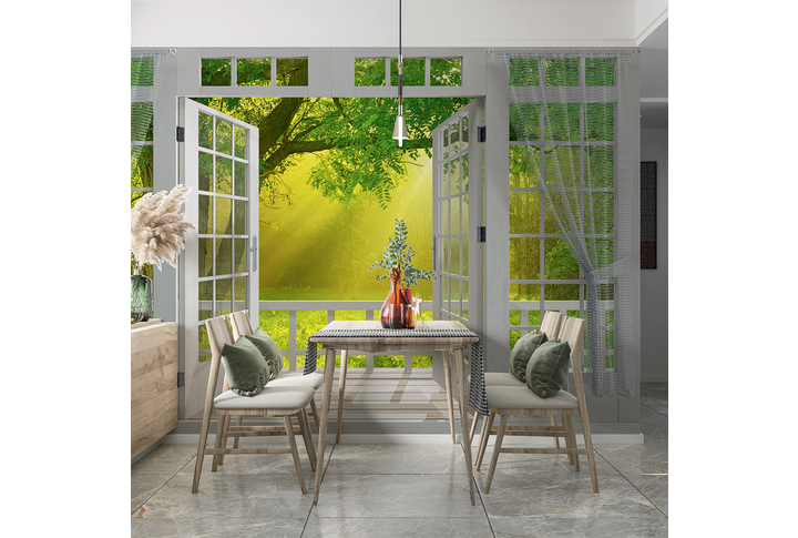 Фотообои «Окно на террасе в солнечном летнем лесу» в интерьере