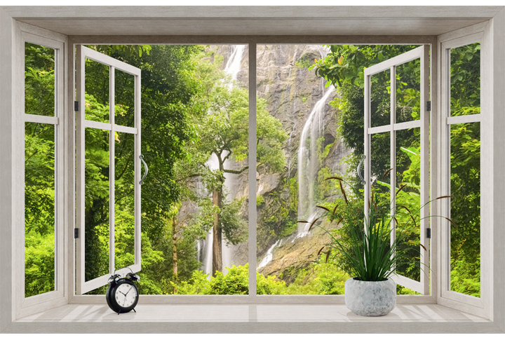 Фотообои «Вид из окна на водопад в тропиках»