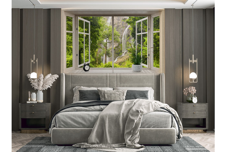 Фотообои «Вид из окна на водопад в тропиках» в интерьере