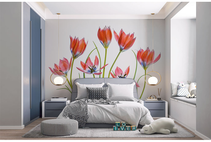 Фотообои «Тюльпаны на белом фоне» в интерьере