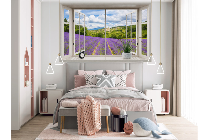 Фотообои «Распахнутое окно с видом на лавандовые поля» в интерьере