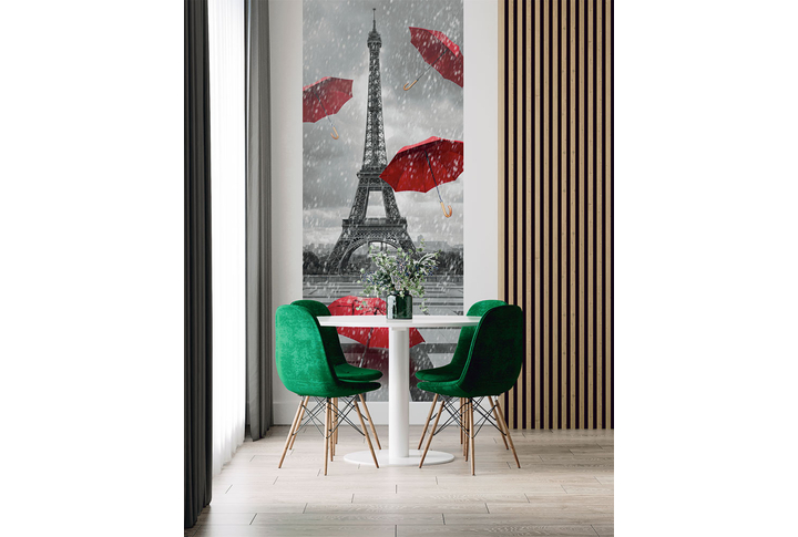 Фотообои «Зонты под дождем на фоне Эйфелевой башни» в интерьере