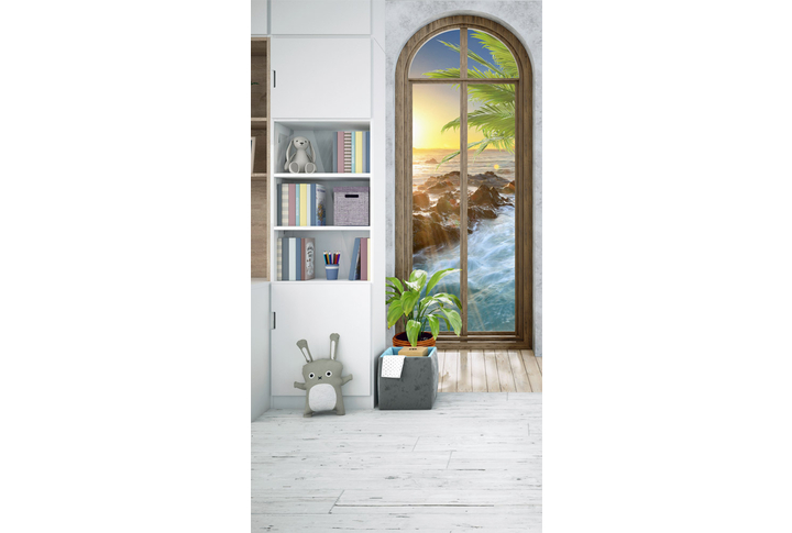 Фотообои «3D Окно с видом на морской закат» в интерьере