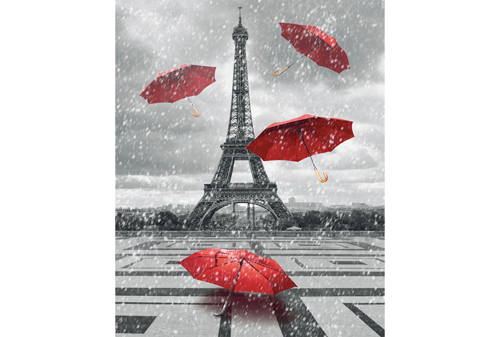 Фотообои «Красные зонты и Эйфелева башня под дождем»