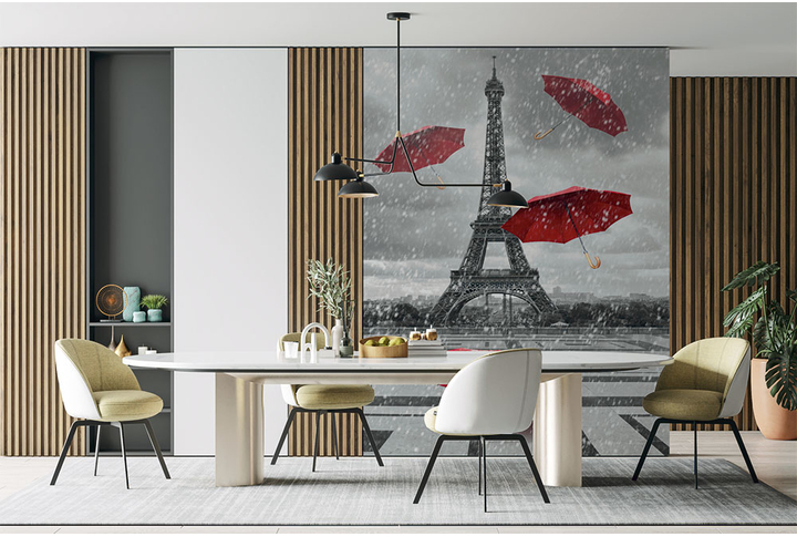 Фотообои «Красные зонты и Эйфелева башня под дождем» в интерьере