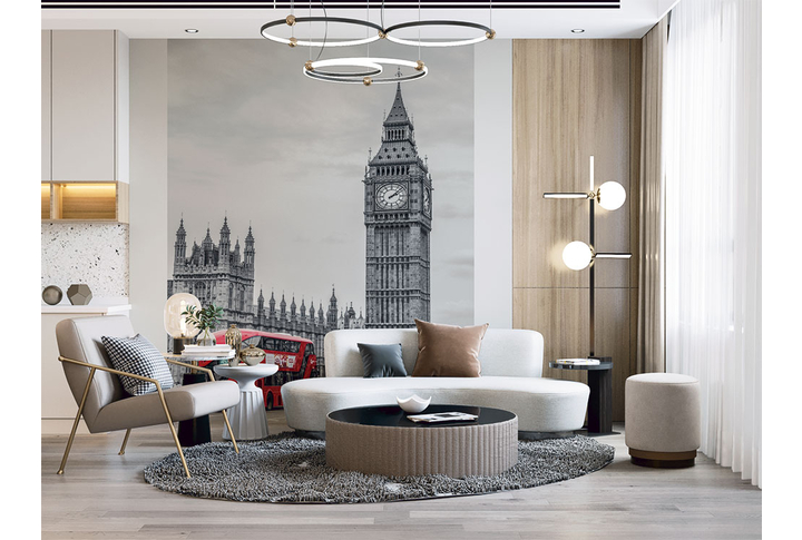 Фотообои «Лондон, автобус и Биг-Бен в серых тонах» в интерьере